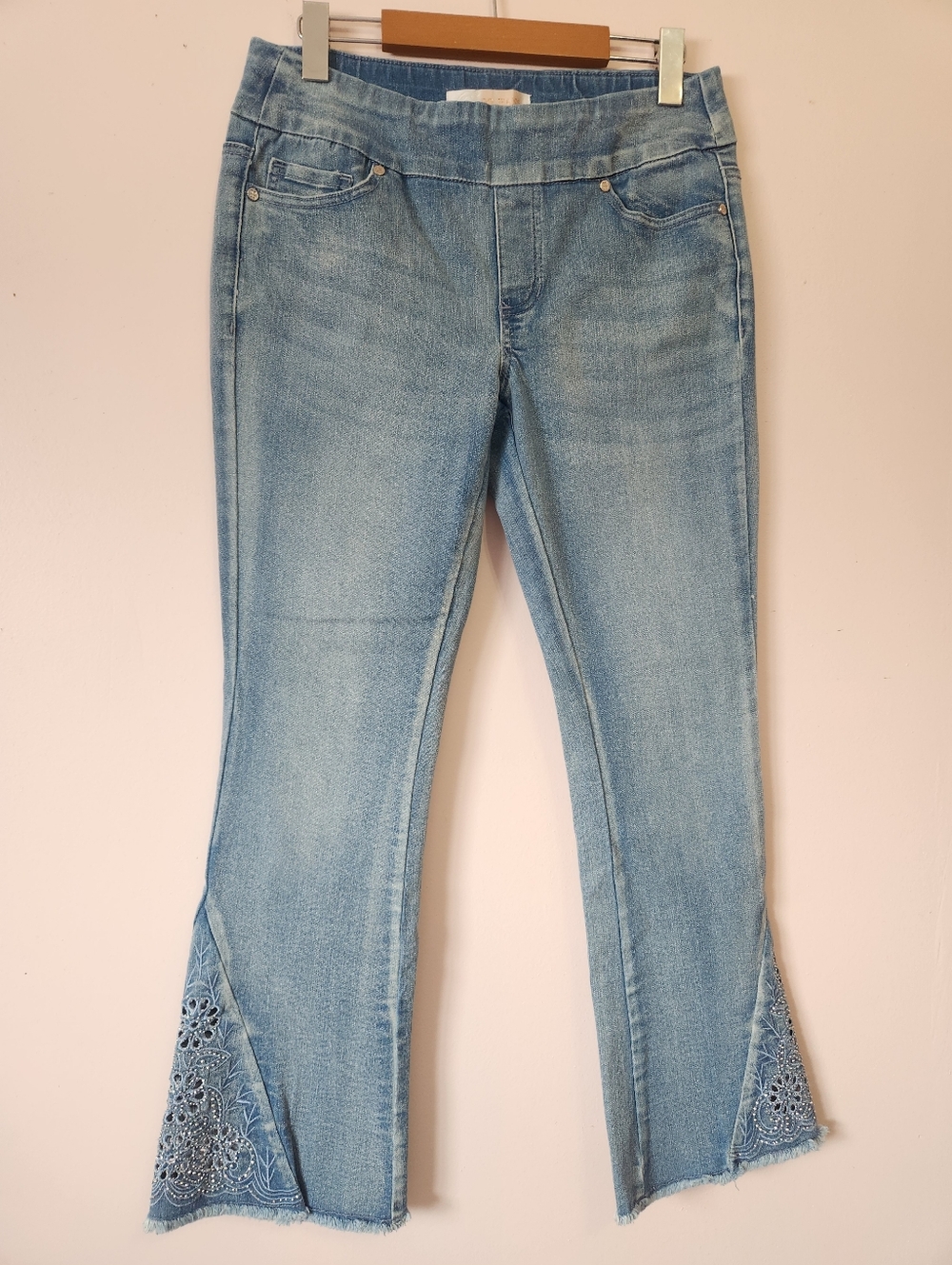 GG Jeans Pull On High Rise Crop Flare Lace Cutout Denim Jeans Sz 30 Boho Chic